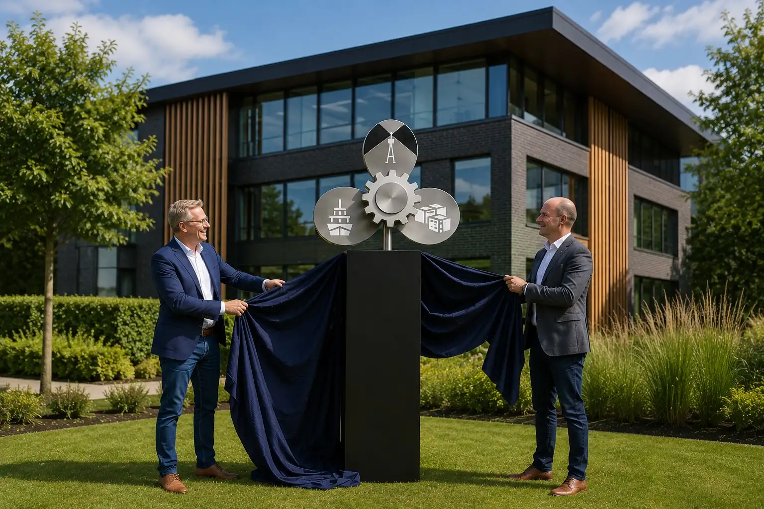 Sculptuur in entree, architectonisch gefotografeerd