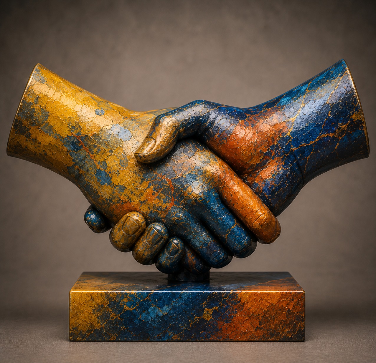 Sculptuur van twee handen in een handdruk, beschilderd in blauw, brons en koperkleur met gouden nerven