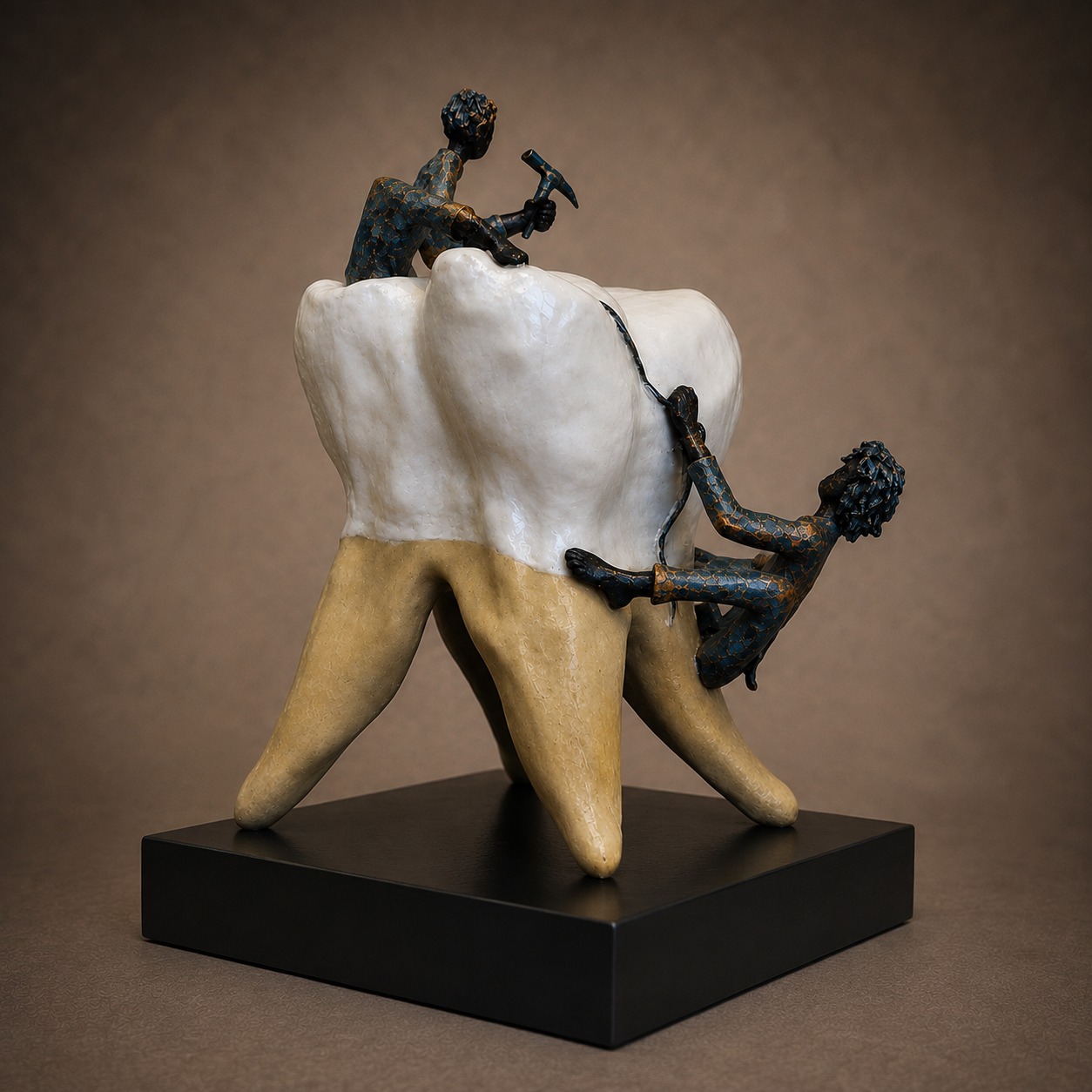 Keramieken sculptuur van een grote tand met twee figuren: een hakt met een hamer, de ander flost